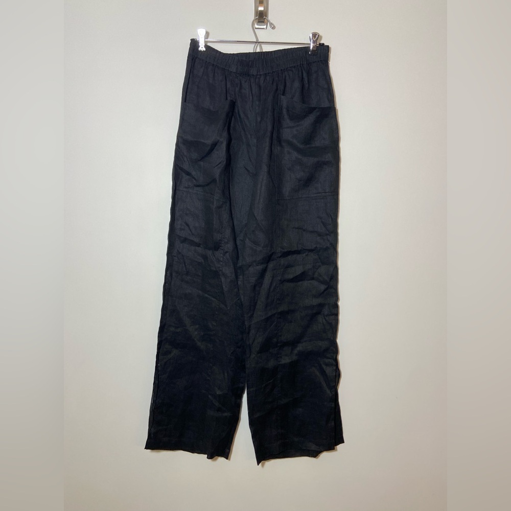 NEW Calme S Wide Leg Relaxed Linen Pants Black Side Slit Big Pockets